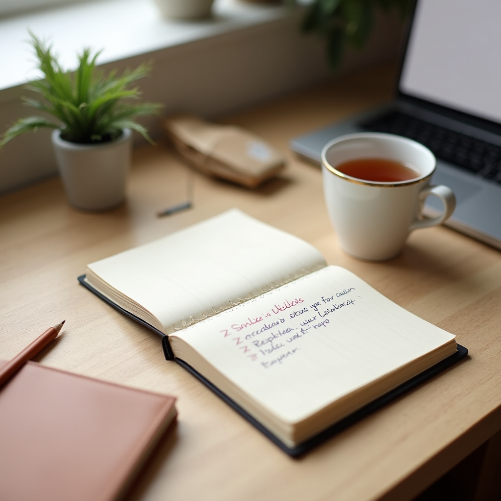 Arbeitsplatz mit Notizen, Musterrechnungen und Laptop zur Vorbereitung einer Mikrolektion