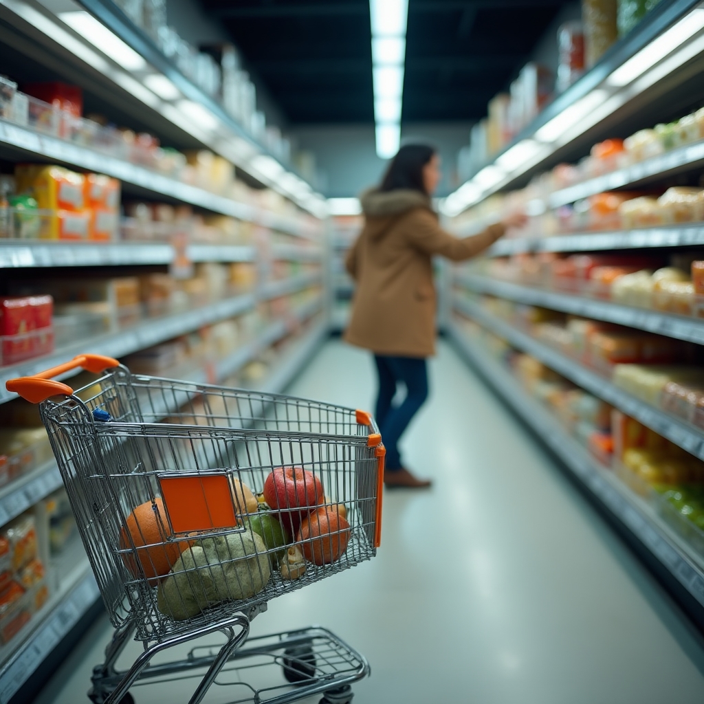 Voller Einkaufswagen in einem Supermarktgang mit Regalen im Hintergrund